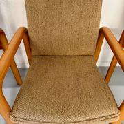 4 armchairs with armrests in beech and fabric, 1970s vintage design.