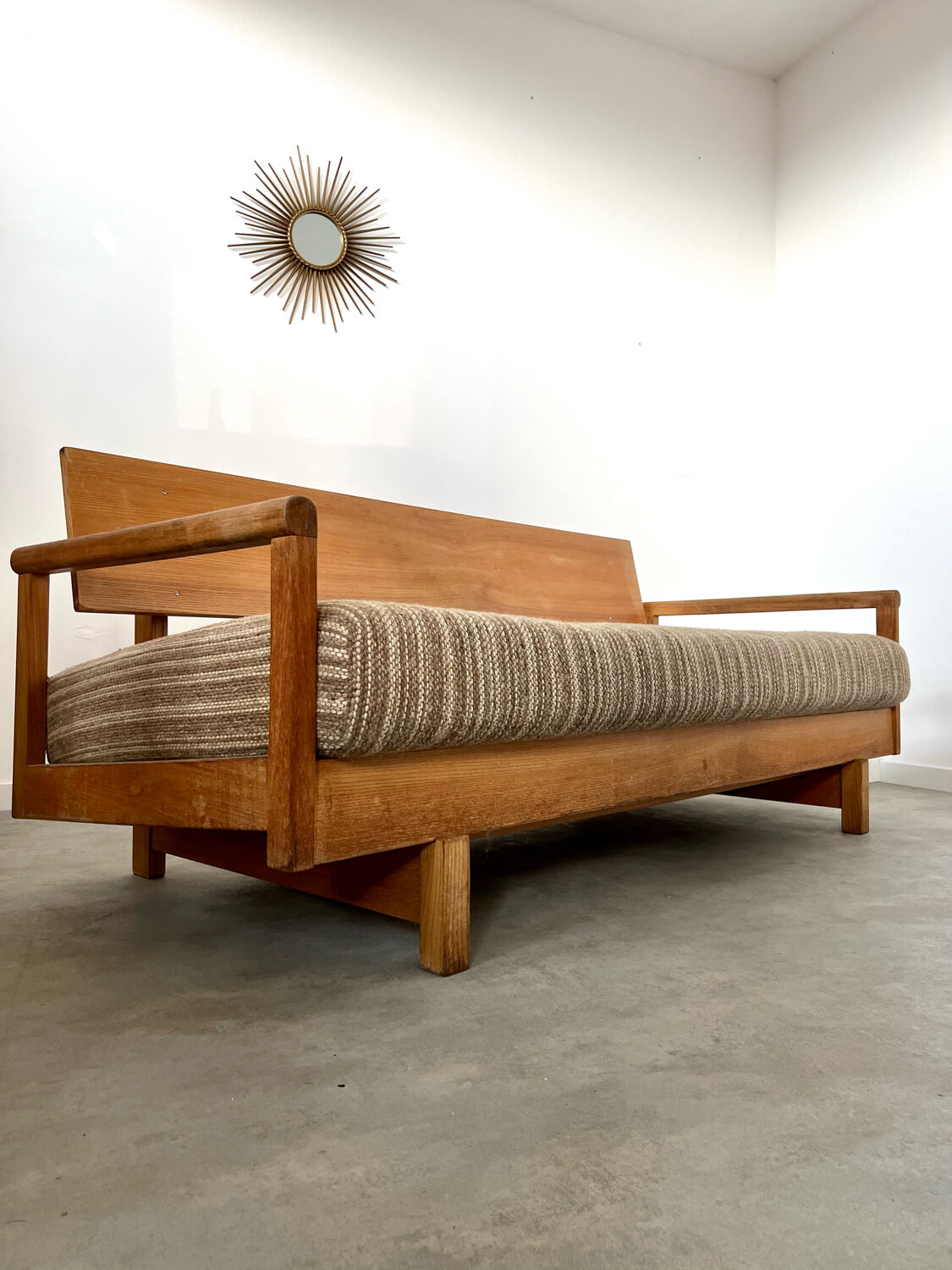 Old wooden sofa vintage brutalist design 60s