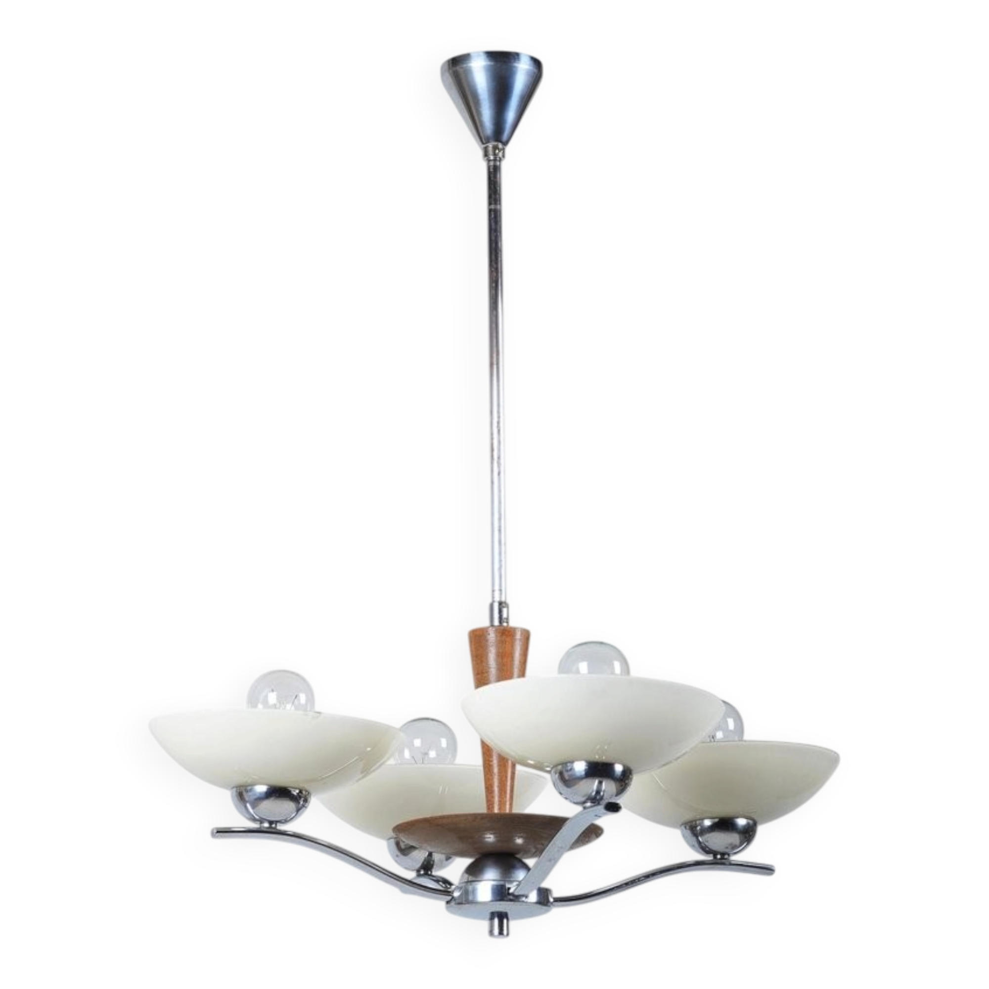 Art Deco Chandelier in Chromed Steel and Beech, Czech, 1920s