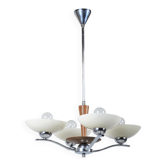 Lustre Art Déco en acier chromé et hêtre, tchèque, années 1920