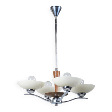 Art Deco Chandelier in Chromed Steel and Beech, Czech, 1920s