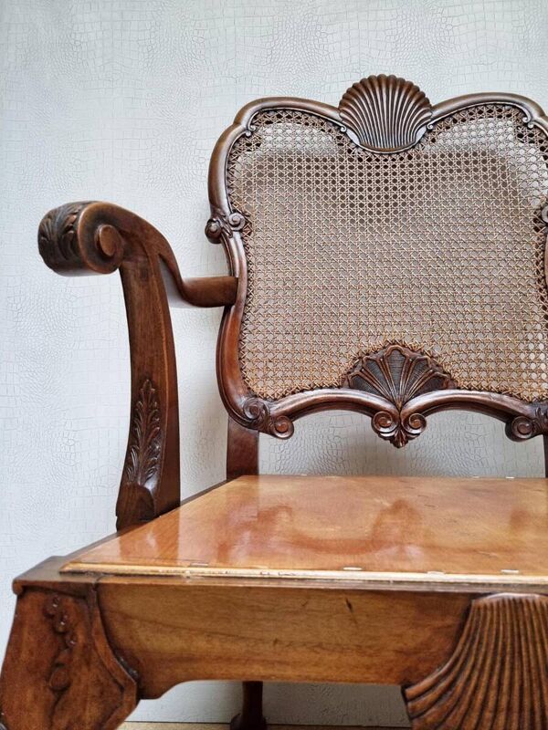 Fauteuil Bergère Chippendale, en acajou sculpté avec cannage et pieds en forme de griffes de lion.