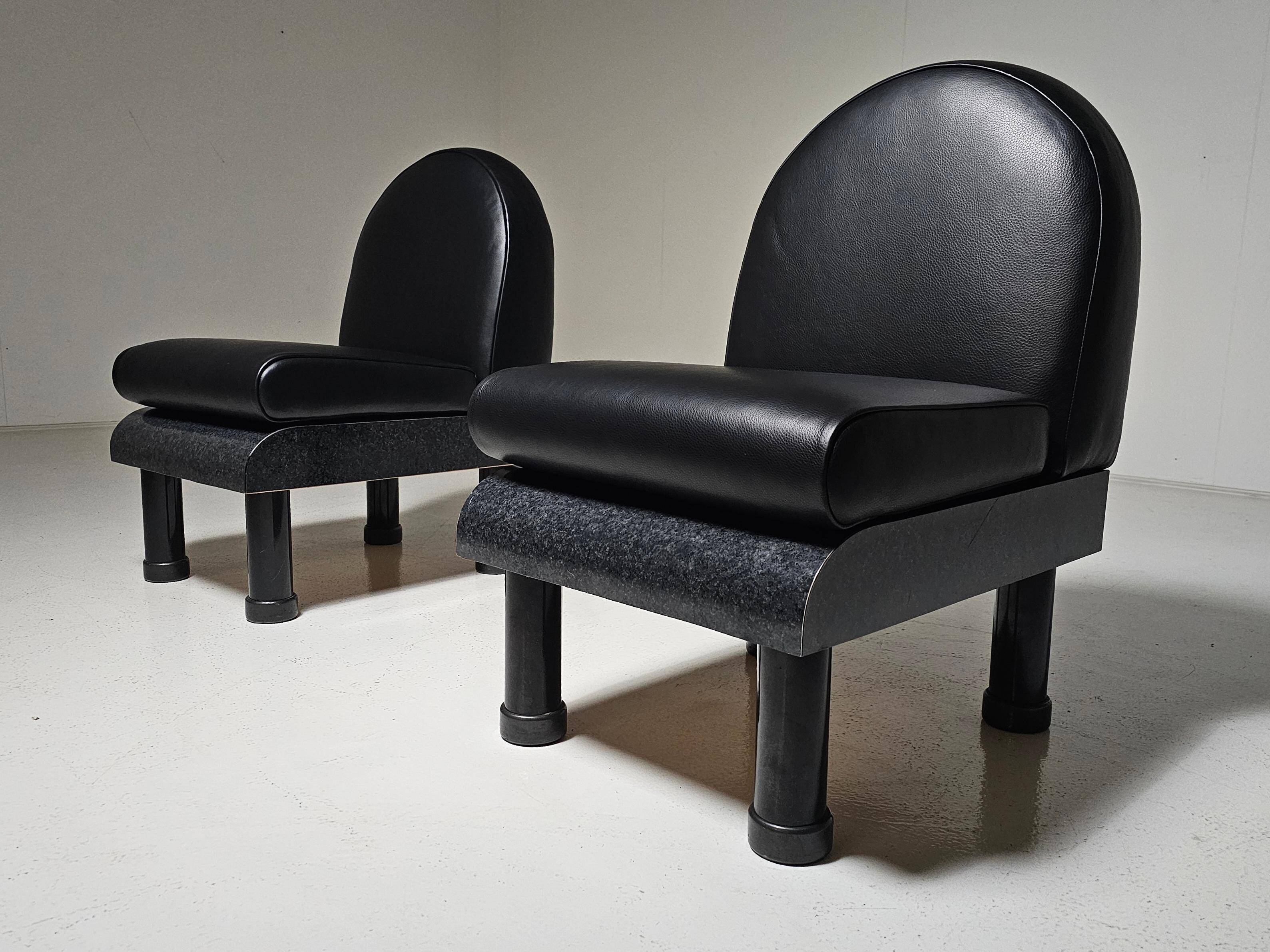 Black leather loungers in the style of The Brisk One by Ettore Sottsass, 1980.