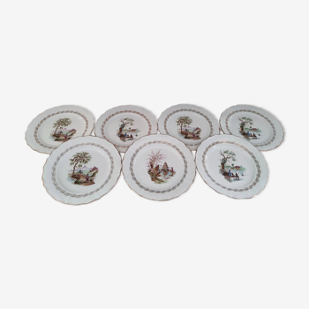 Set of 7 flat porcelain plates by France Digoin décor Asian scenes
