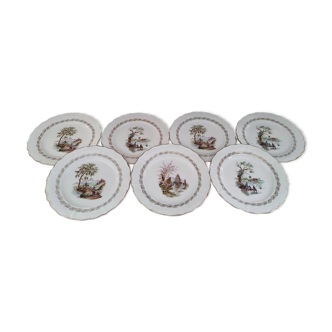 Set of 7 flat porcelain plates by France Digoin décor Asian scenes