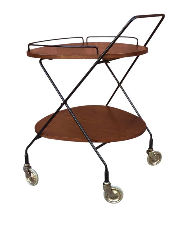 Desserte scandinave vintage en teck & métal, roulettes métal,  années 60