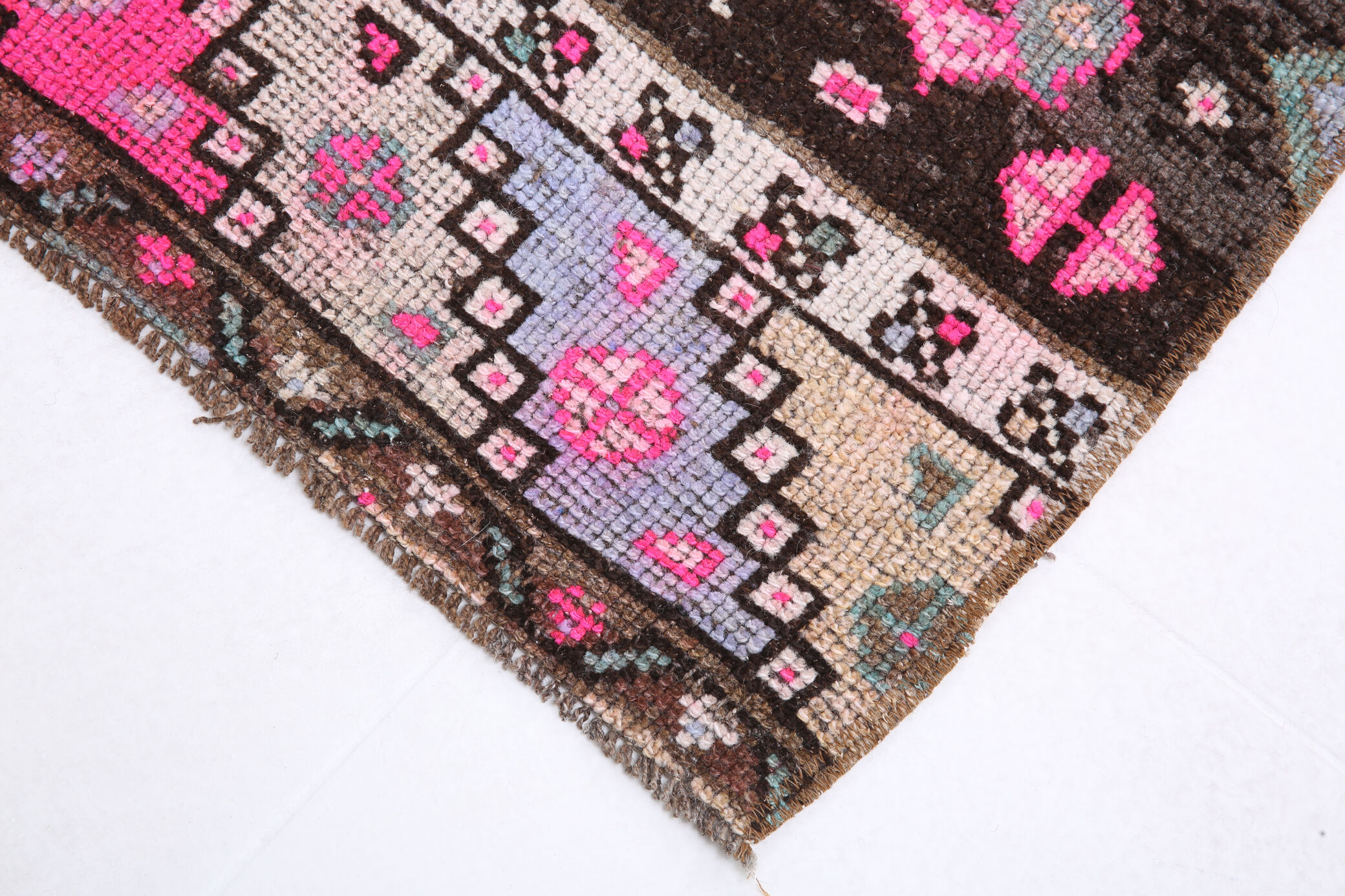 Geometric brown oushak runner rug, 97x326cm