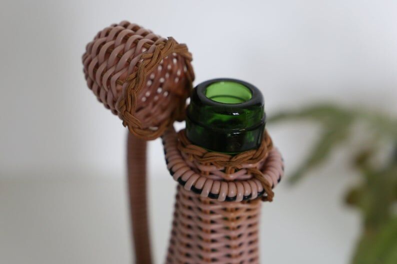 Pink and black scoubidou bottle, vintage, years 60