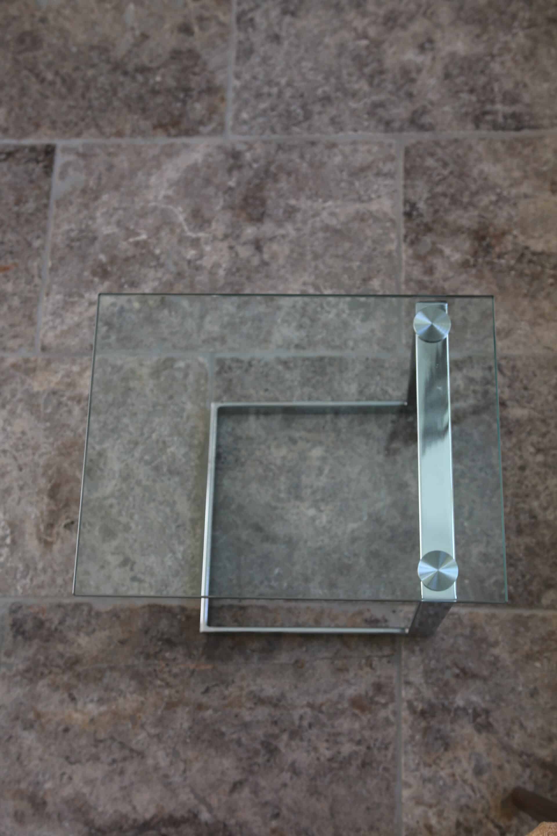 Table d’appoint verre, chrome  « Gebra », années 80, étiquette d'origine