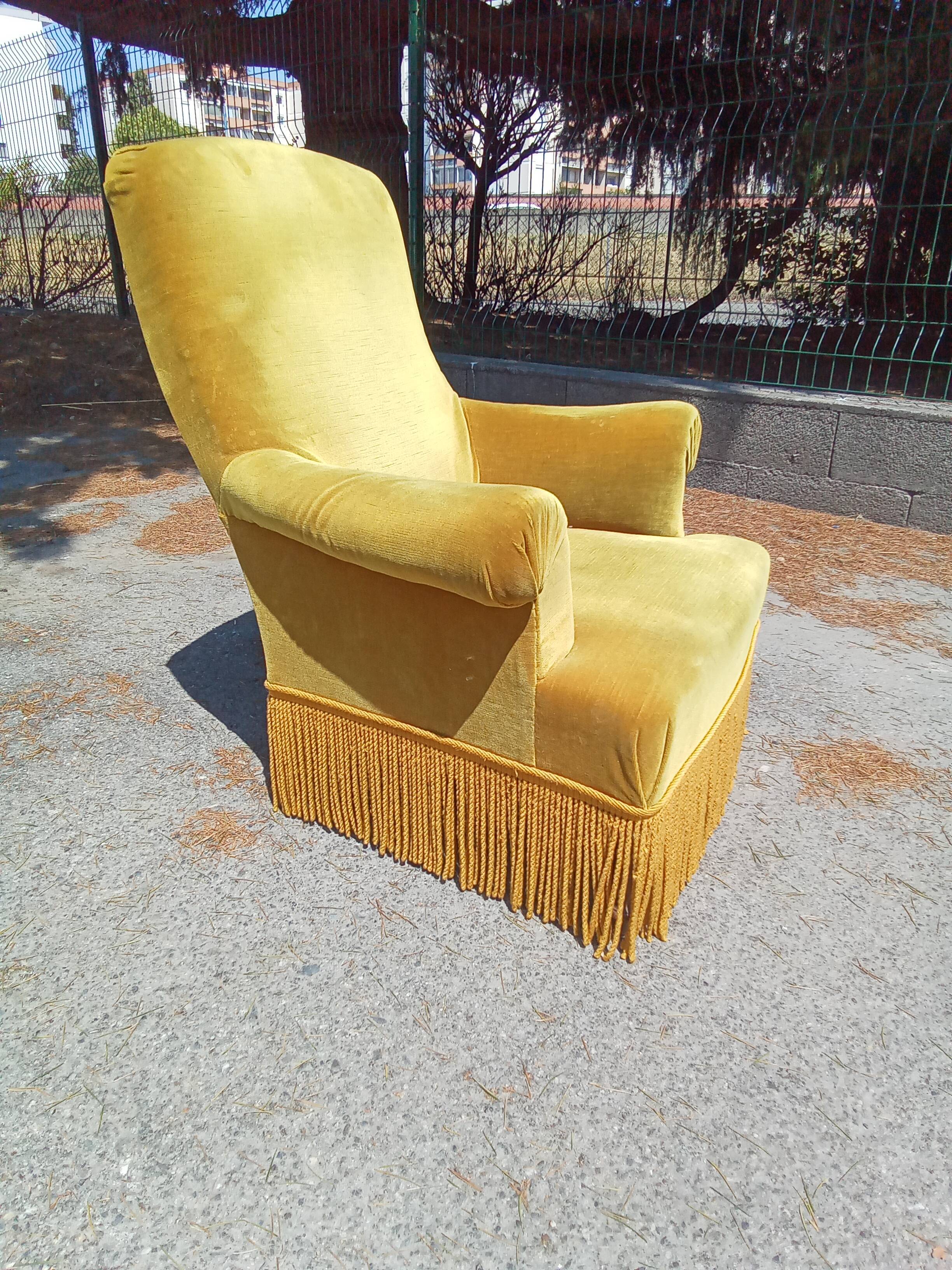 Pair of armchairs with golden velvet fringes