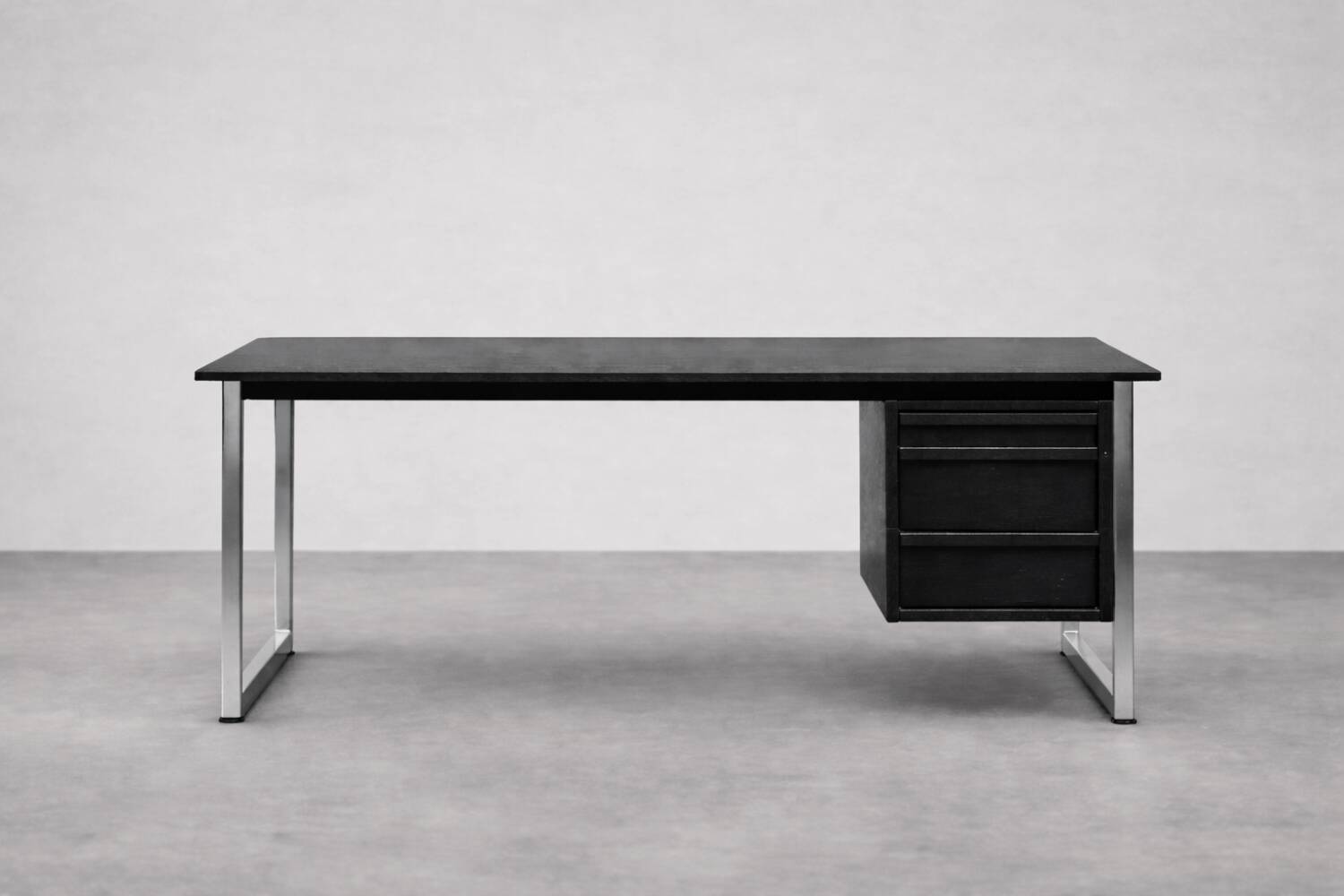 Vintage Mid-Century Danish Modern Minimalist Black Oak Desk with Chrome Base