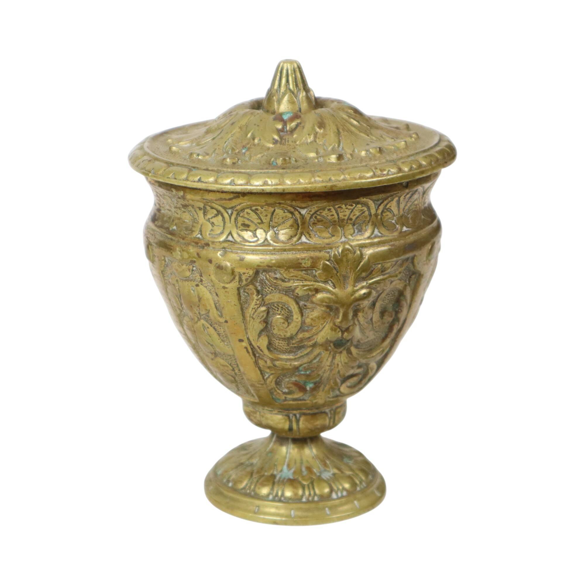 Old Brass Cup Goblet with Lid Mythical Figure 14cm