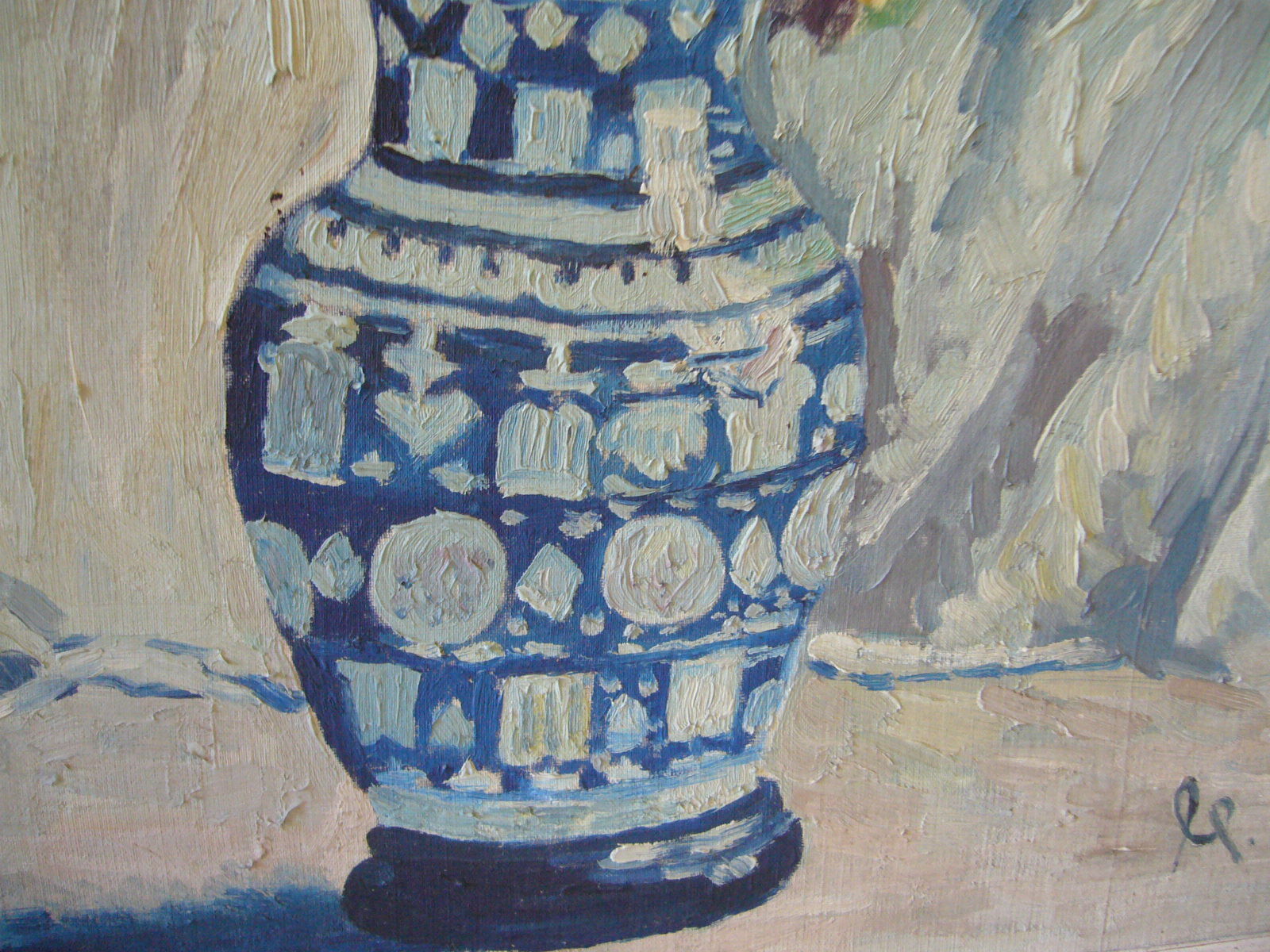 Ancient painting painted on cardboard bouquet of flowers in a vase