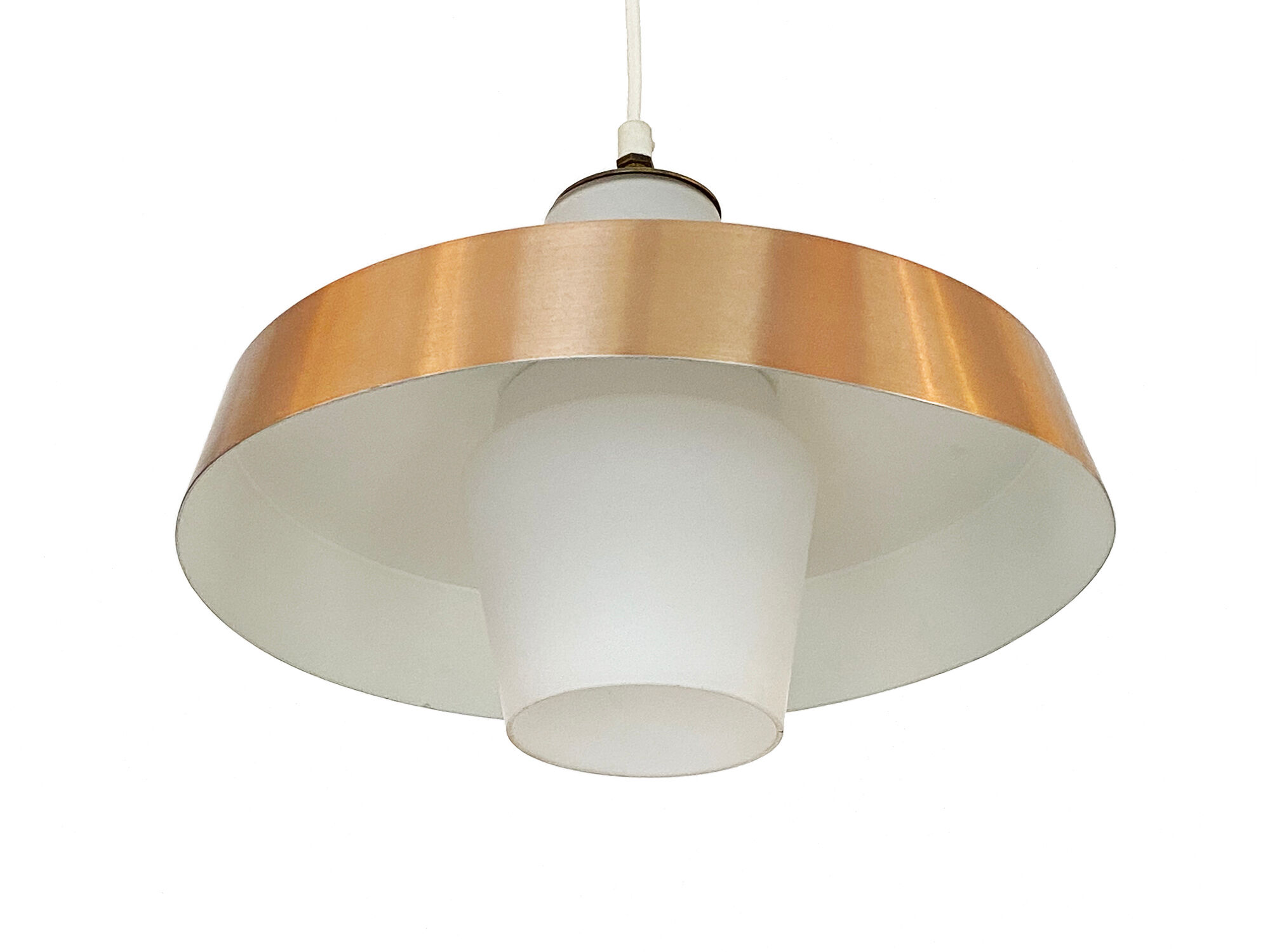 Pendant light in opaline glass with aluminum shade. Sweden 1960s