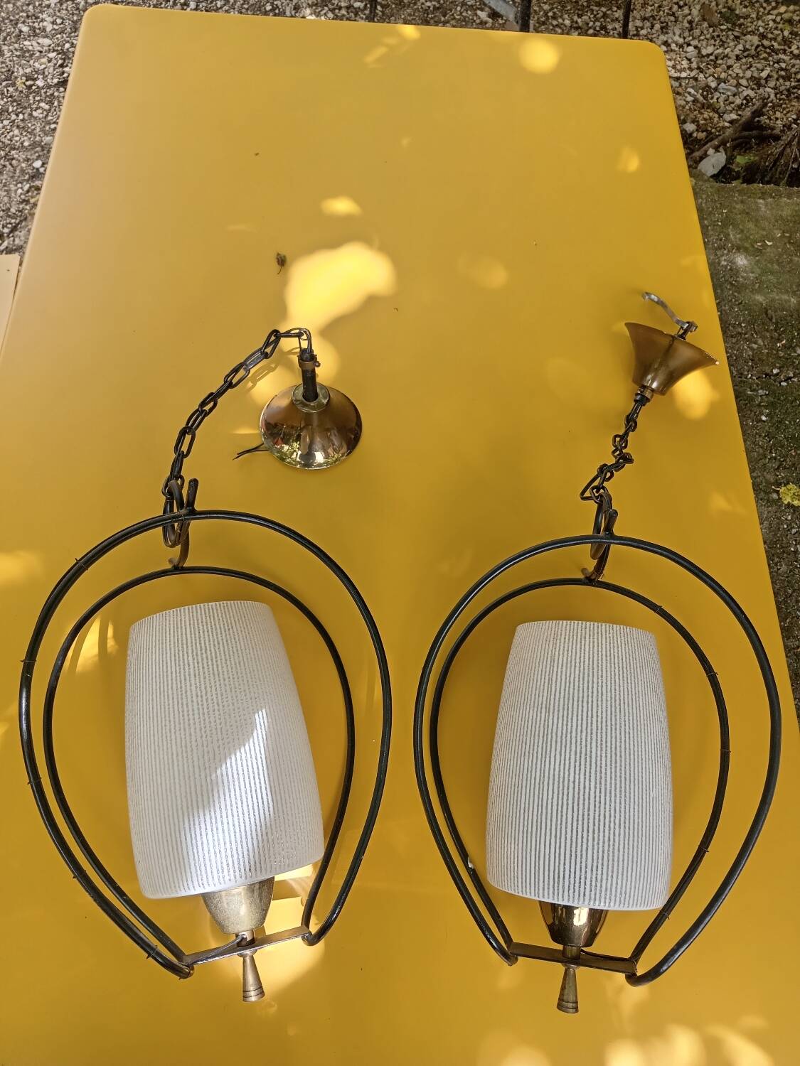 Pair of opaline glass pendant lights