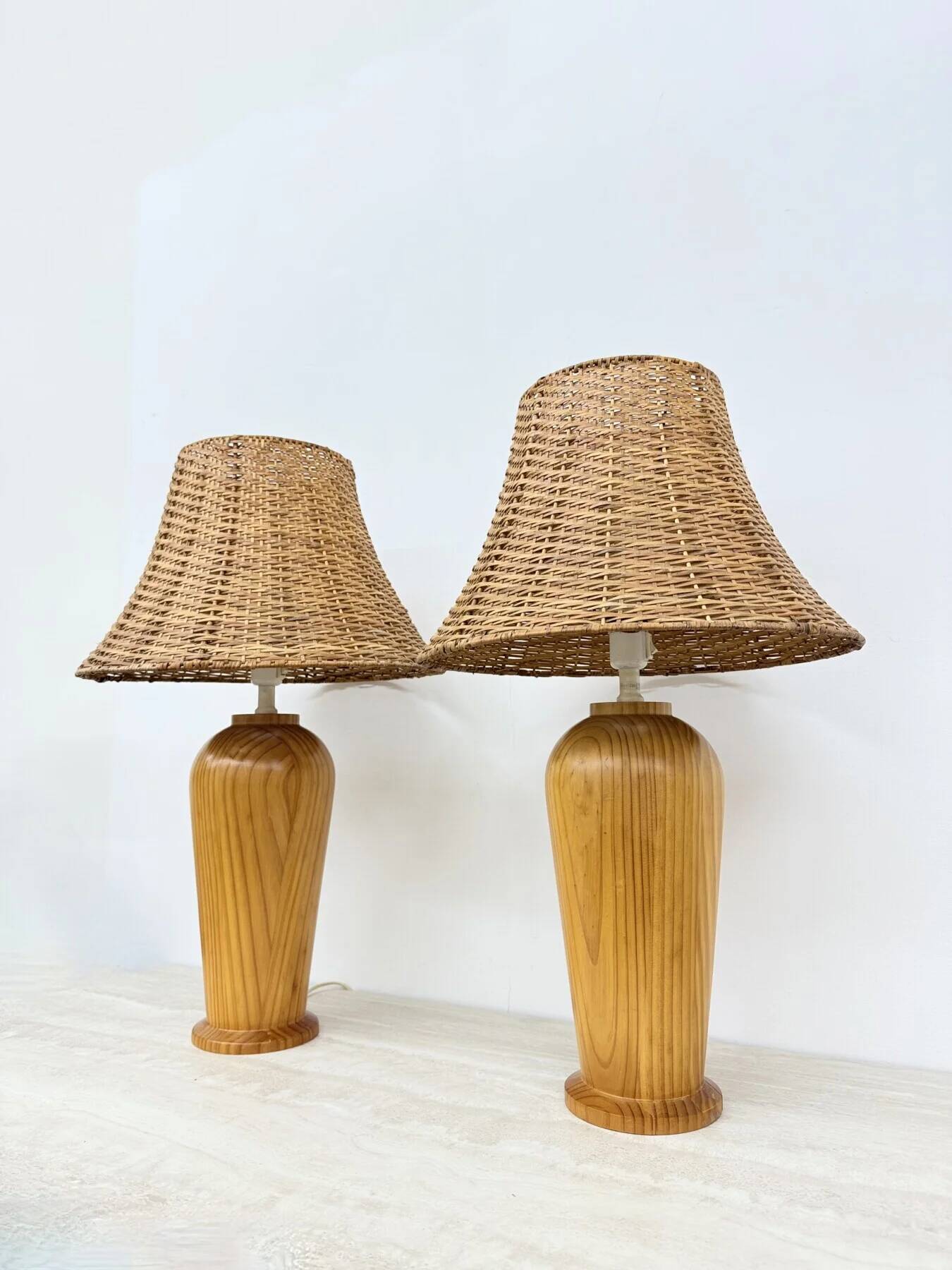 Vintage Ikea solid wooden table lamps with rattan shade, 1980s