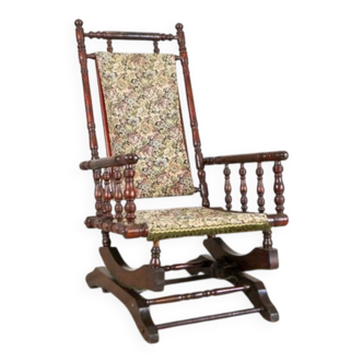 Antique Spring Rocking Chair in Floral Fabric, 1890s