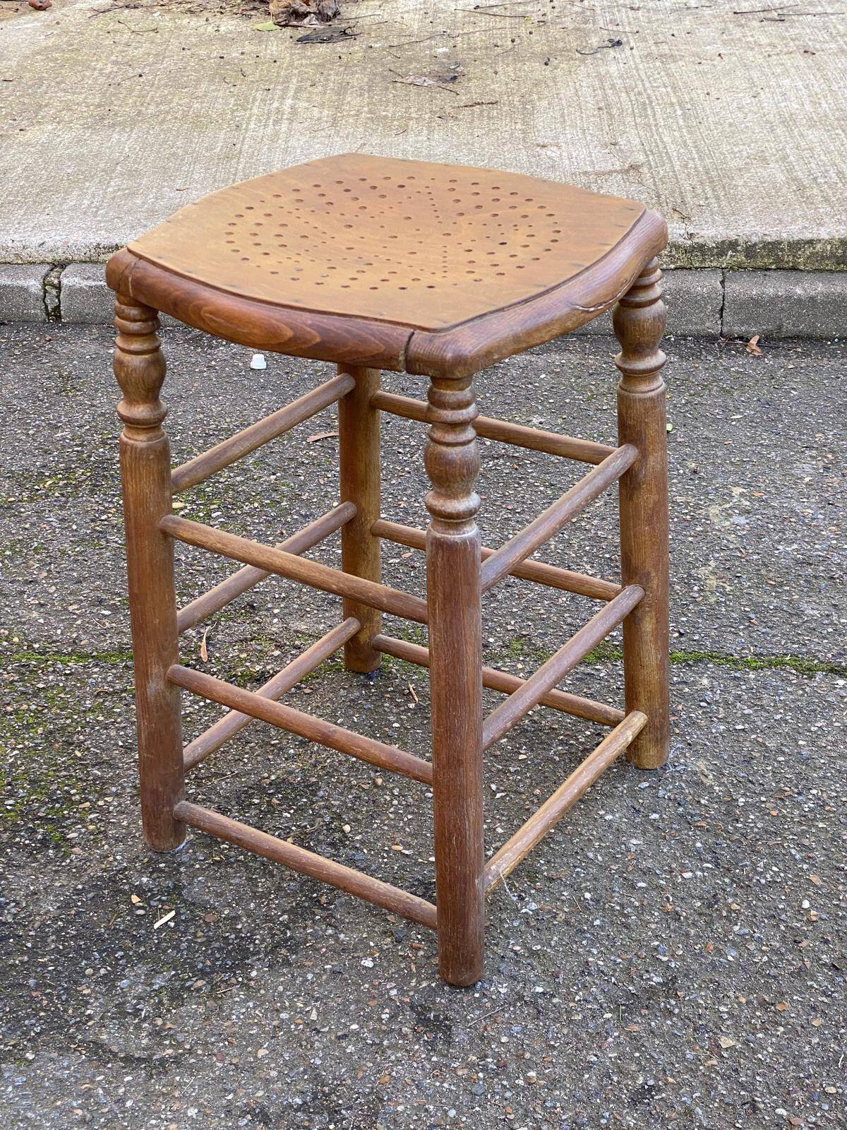 Vintage square stool made of solid wood from the 19th century, 55cm.