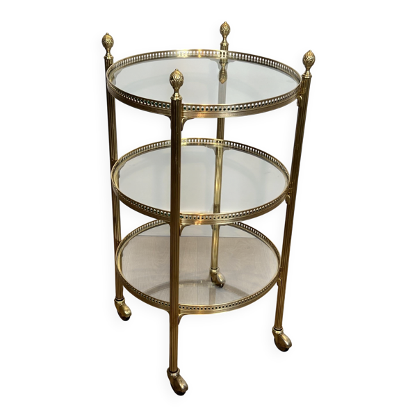 Table Roulante Ronde à Trois Plateaux en Laiton, Attribuée à la Maison Jans