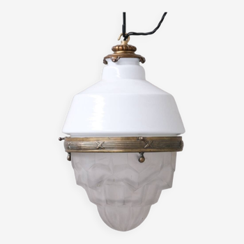Two Tone Antique Glass and Brass Pendant Light