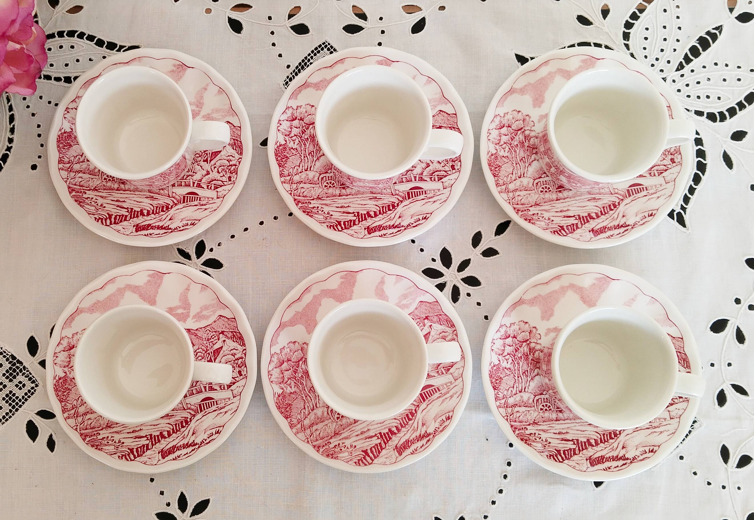 Vintage red earthenware coffee set, Swiss Landscape, Italy