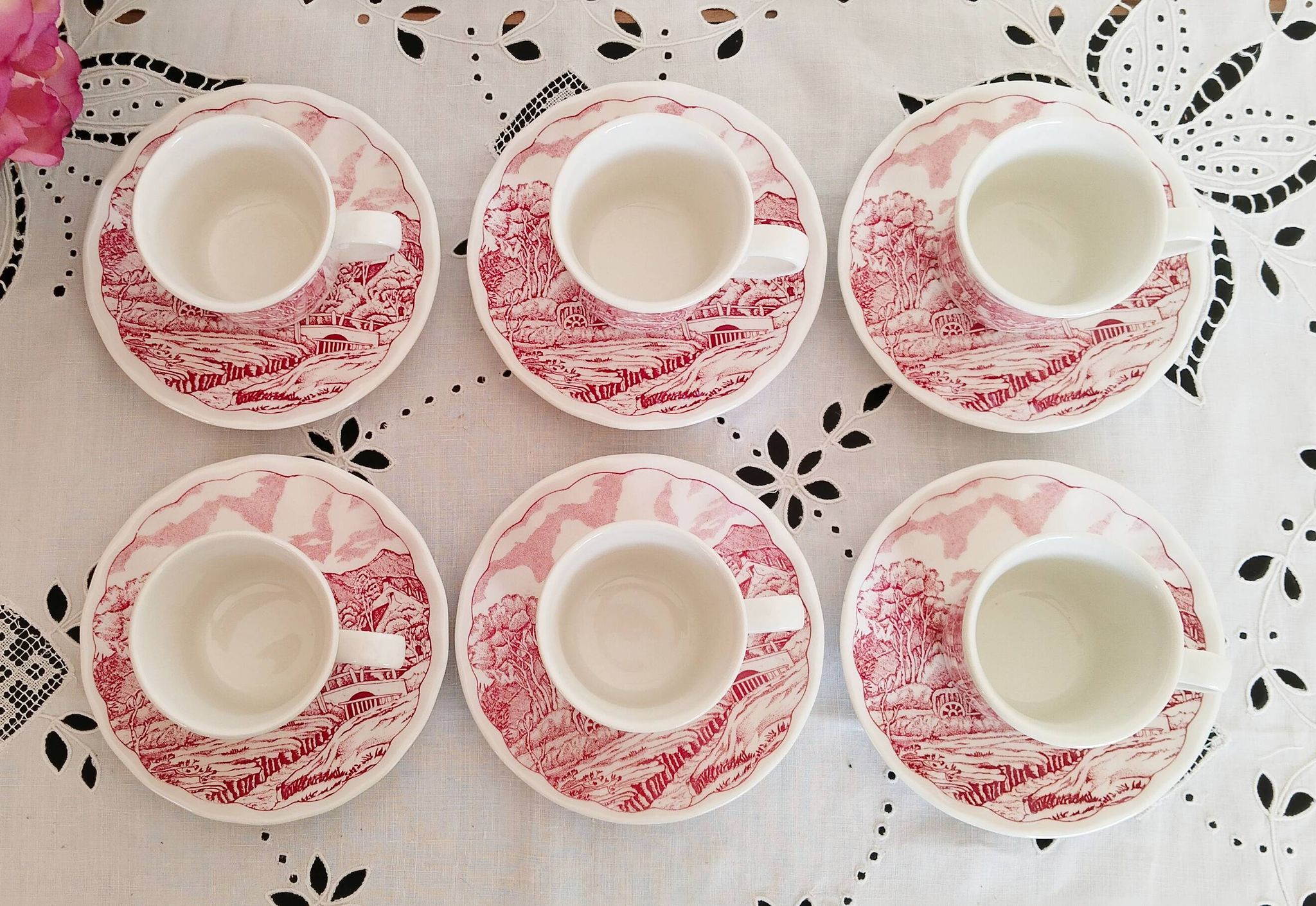 Vintage red earthenware coffee set, Swiss Landscape, Italy
