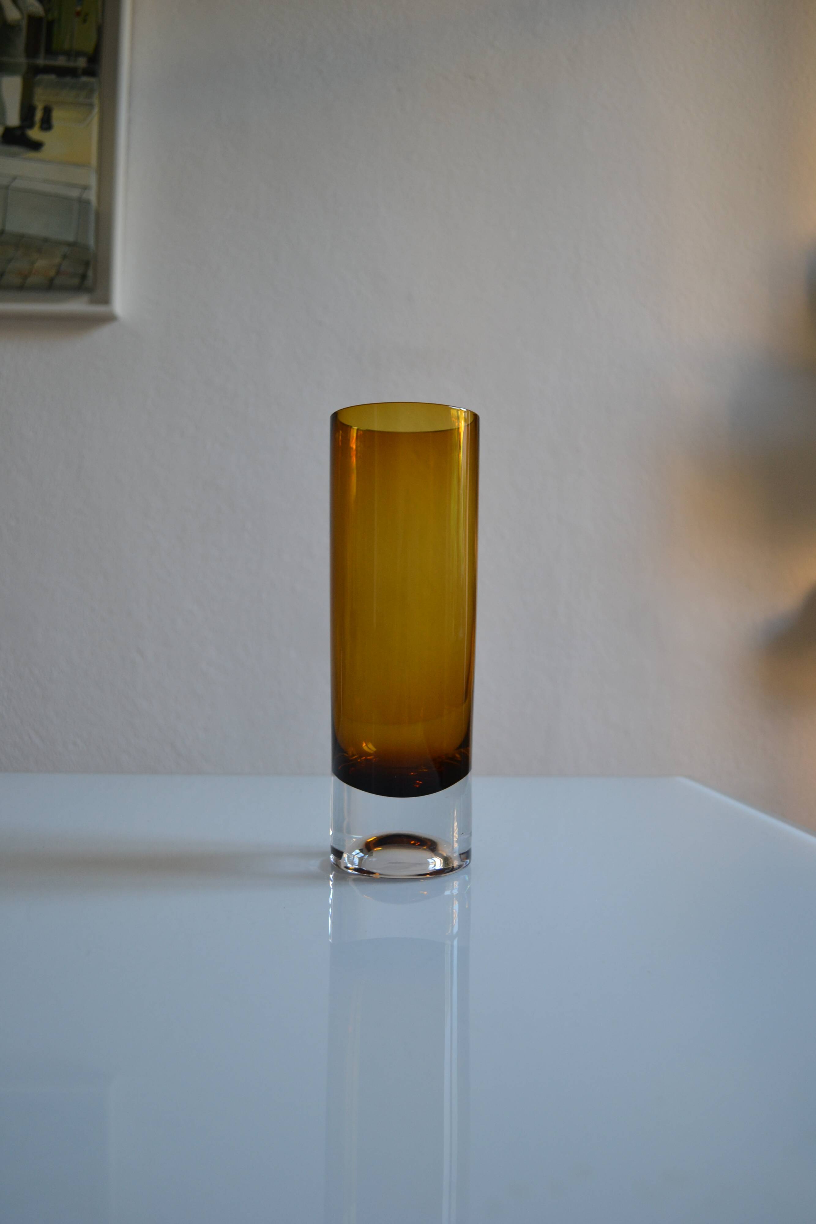Vintage 70s 1970s roll vase, two-tone amber blown glass