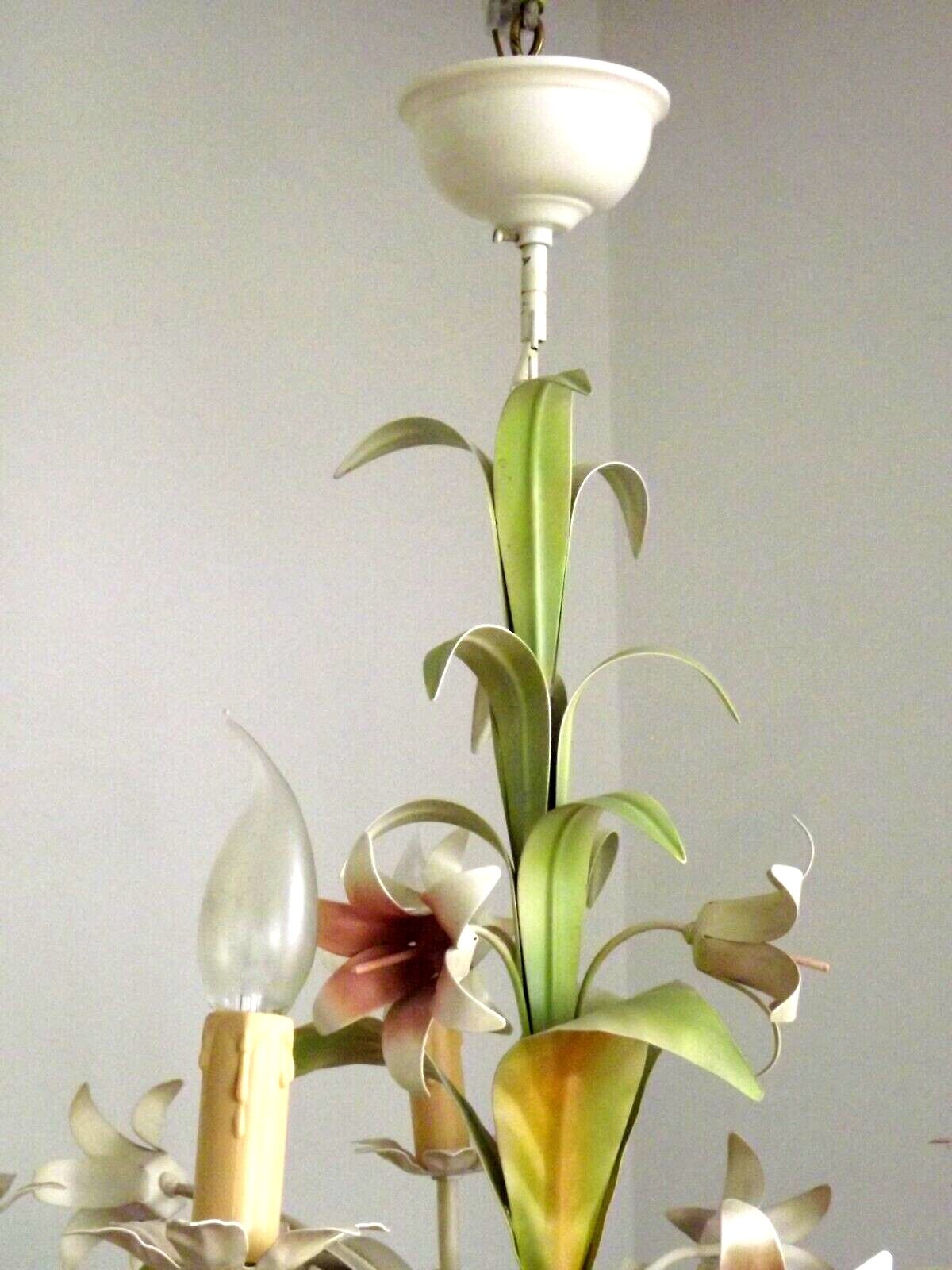 Vintage french 5 arm tied bouquet toleware chandelier pink lily flowers 4264