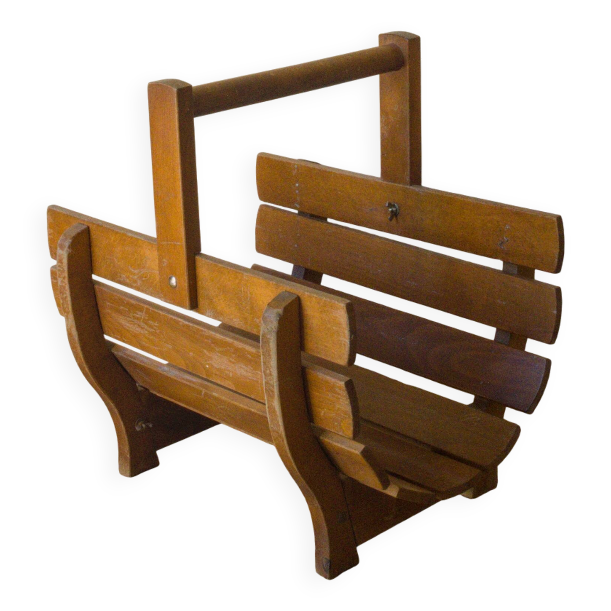 Porte-bûches vintage en bois à lattes courbes