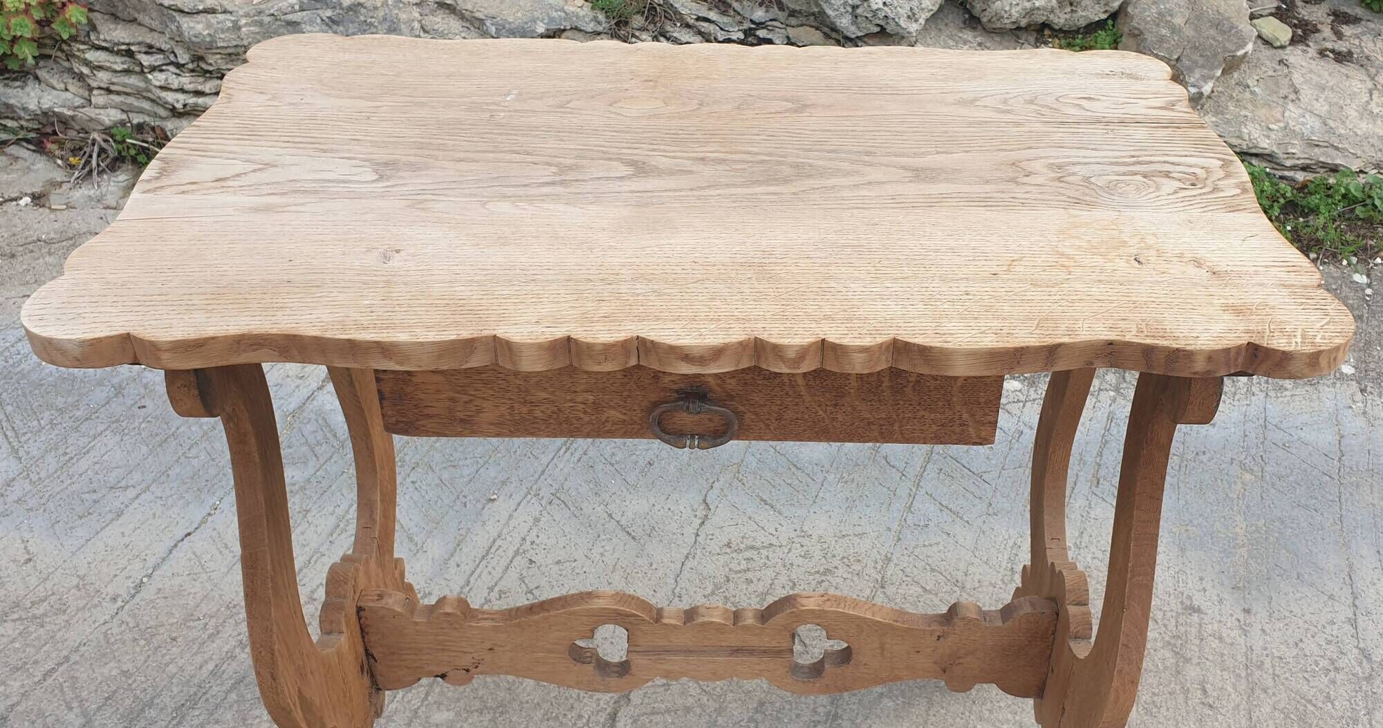 Lyre leg table in natural wood, one drawer, vintage
