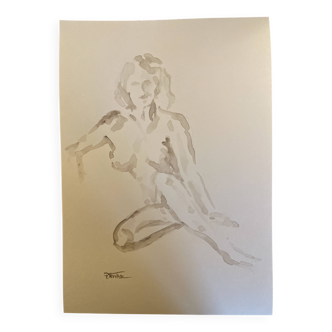 Tableau signé aquarelle monochrome sépia portrait féminin « regard »