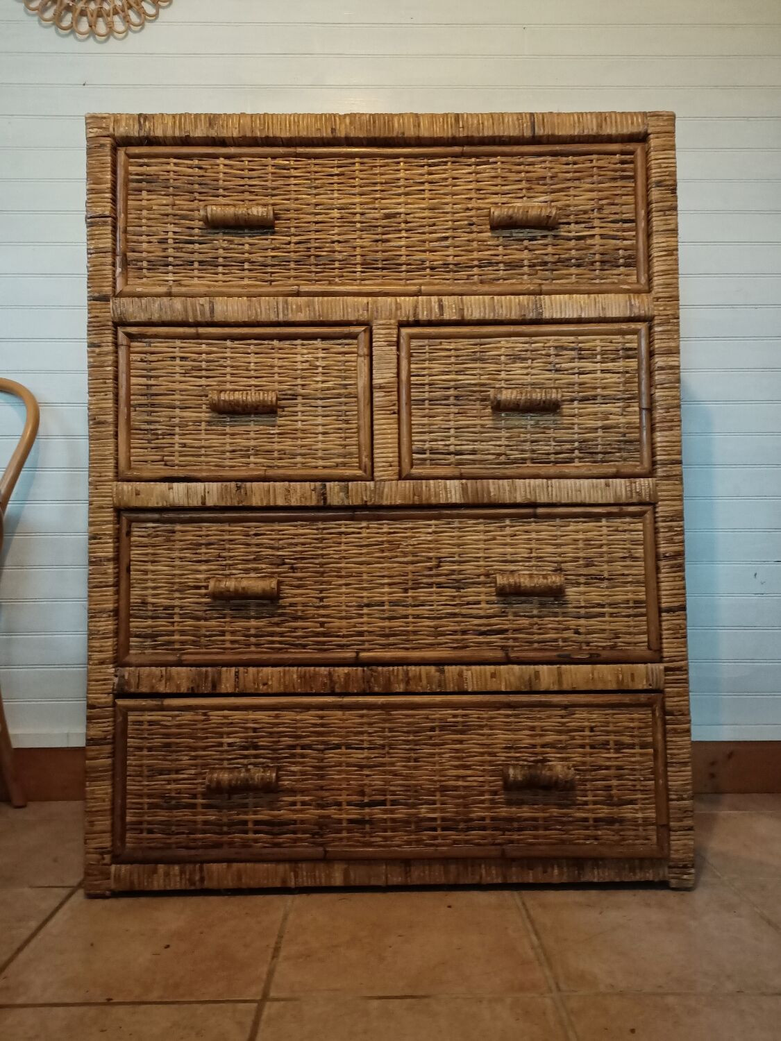 High wood and rattan chest of drawers