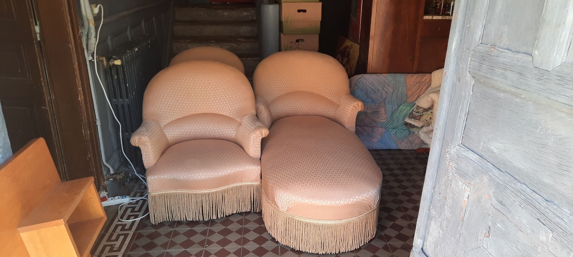 Méridienne et fauteuils crapaud