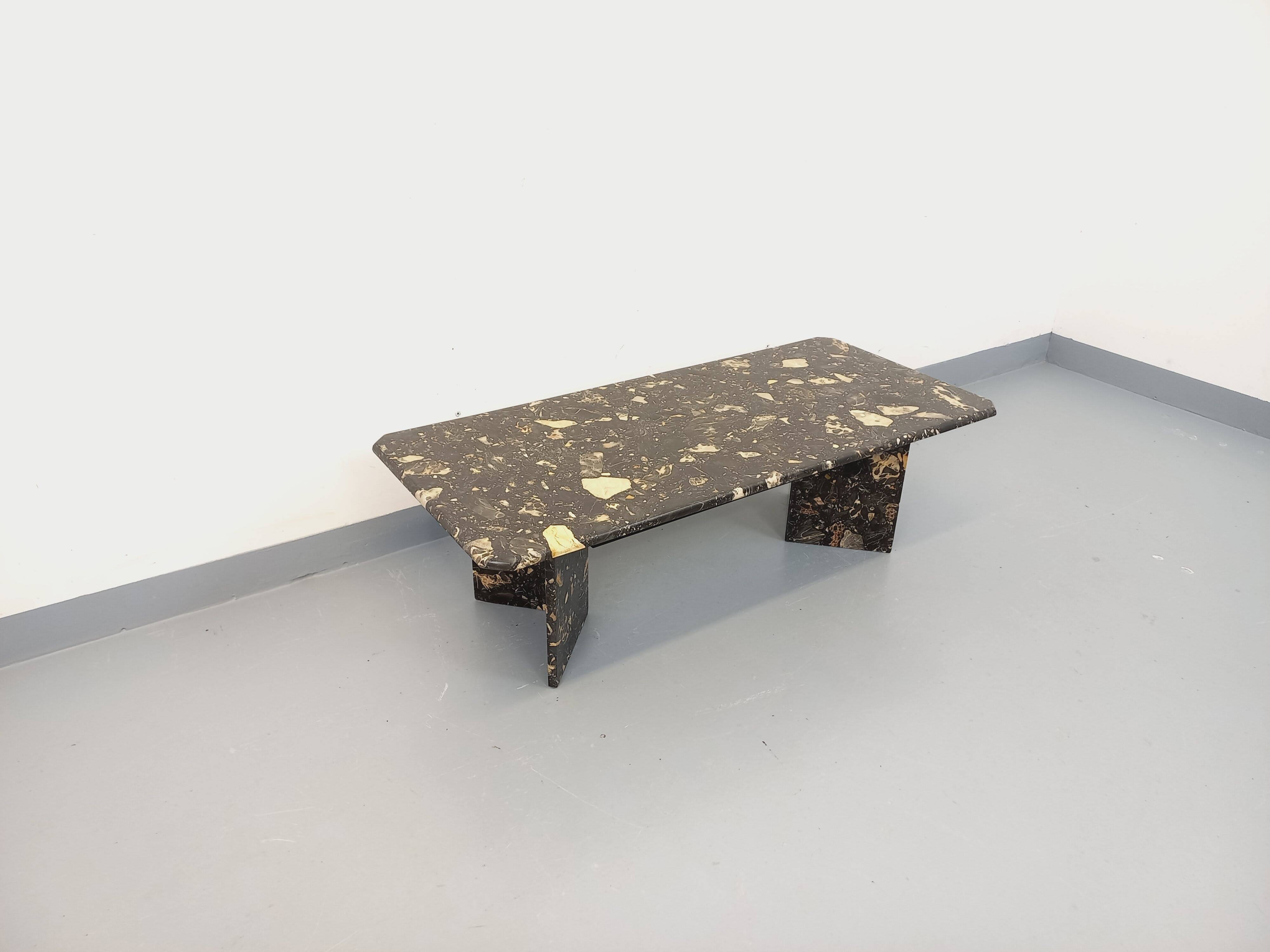 Vintage rectangular coffee table in black marble and smoked glass from the 1970s.