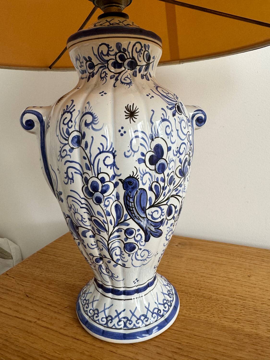 Lampe vintage faïence balustre portugal - décor oiseau bleu