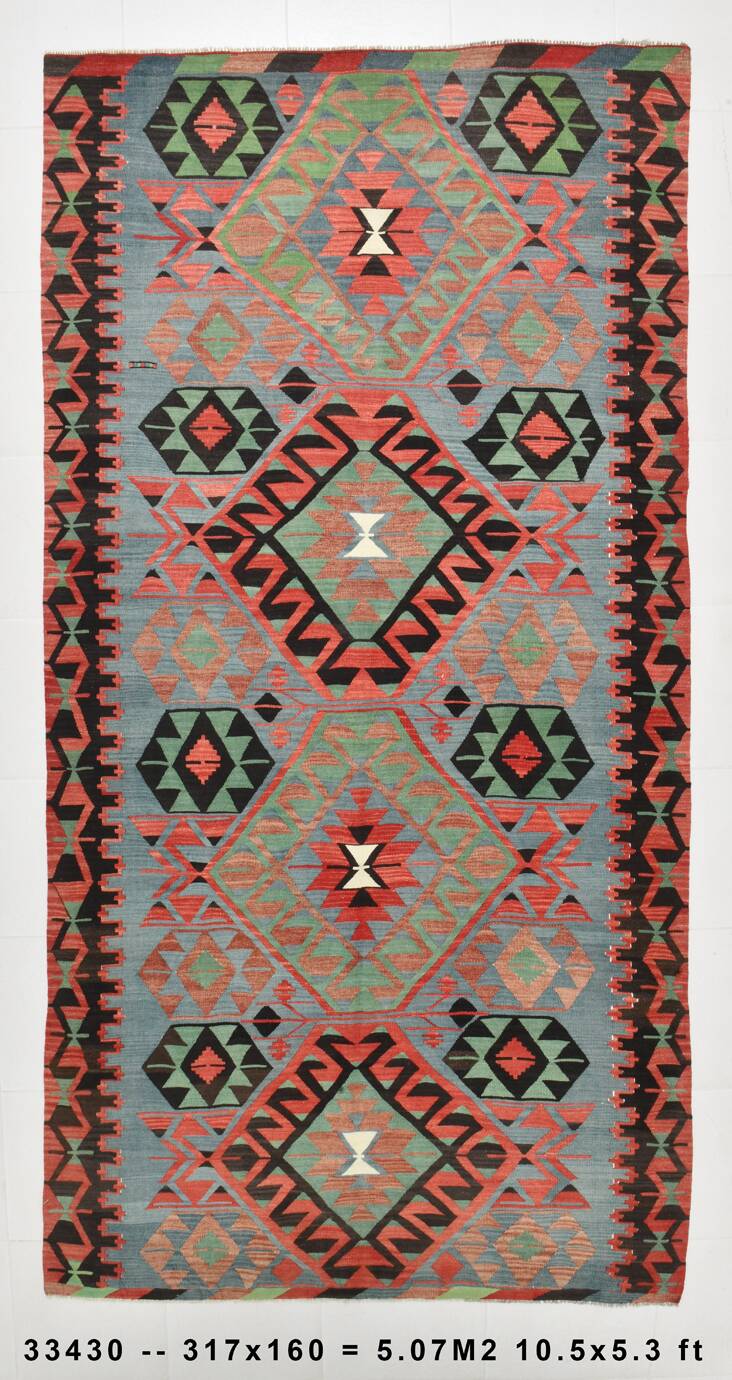 Kilim vintage anatolien tons bleu, vert et rouge géométrique, 160x317 Cm