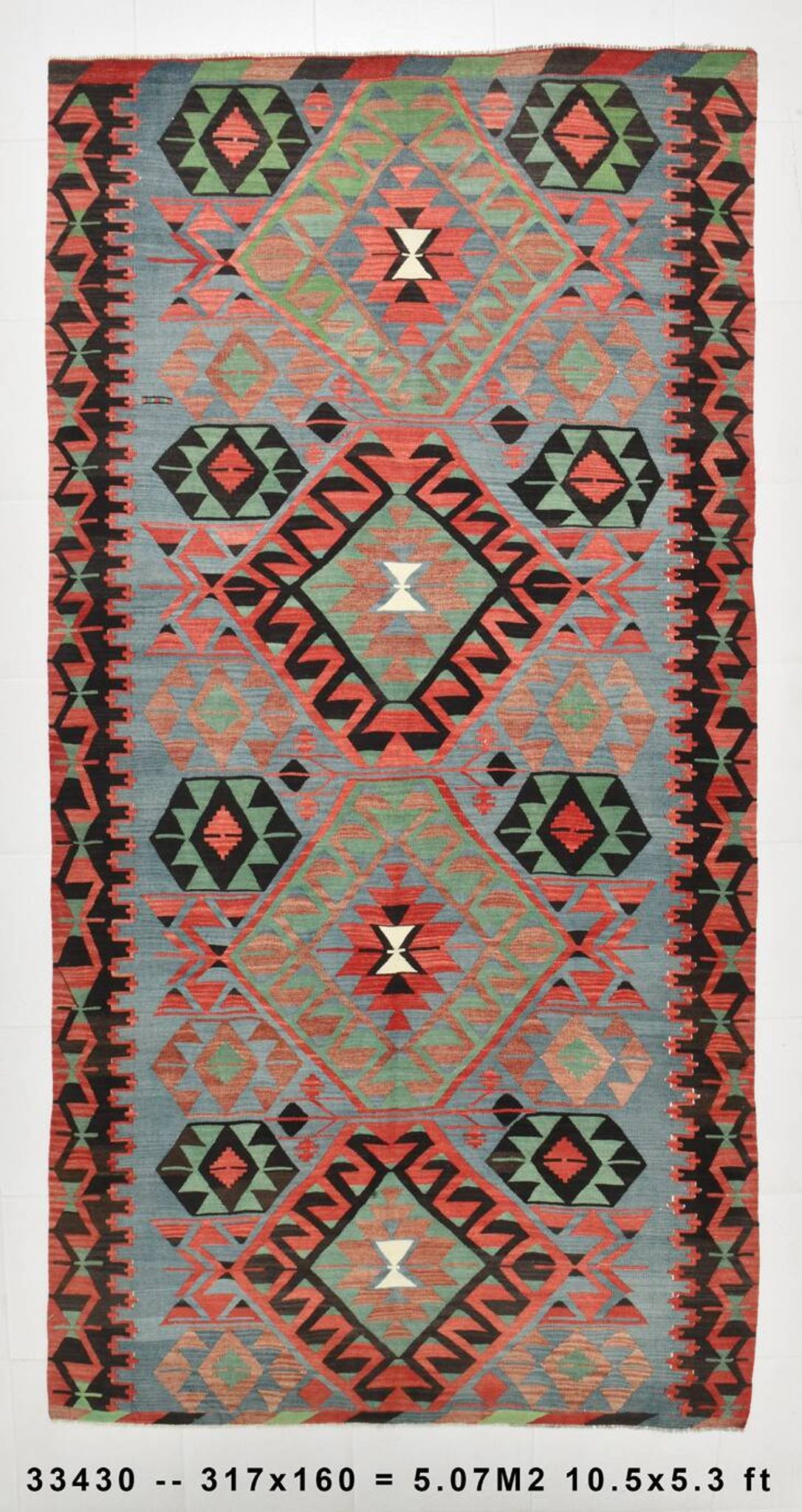 Kilim vintage anatolien tons bleu, vert et rouge géométrique, 160x317 Cm