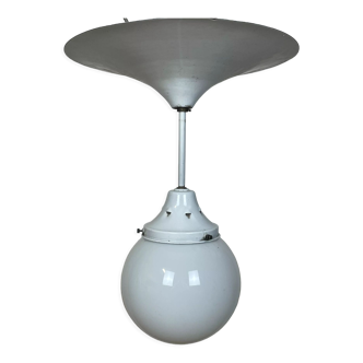 Art Deco ceiling lamp white enamelled sheet metal and opaline glass globe