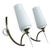 Mid-Century Italian pair of sconces in brass and opaline glass