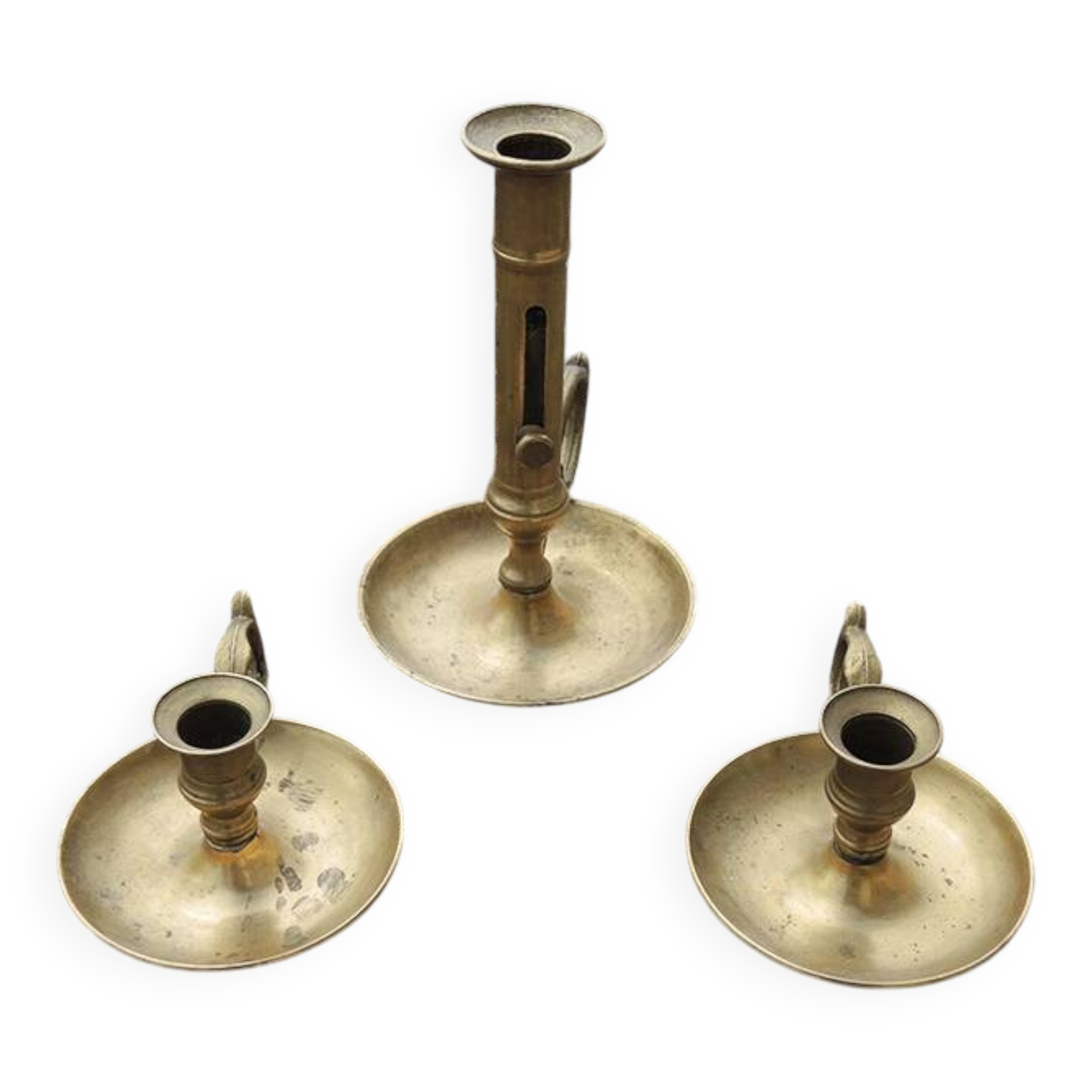 3 antique brass candlesticks with handles