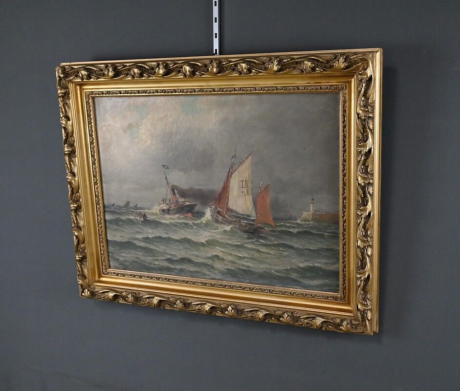 Painting "Entry to the Port in Rough Seas", oil on canvas, signed C. Demont – early 20th century