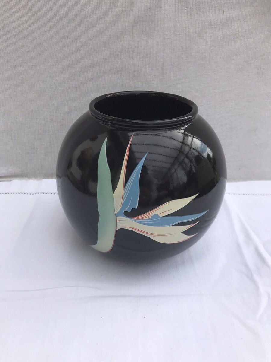 Black Ceramic Round Vase with Flower and Paradise Bird Design, 1970s Vintage