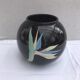 Black Ceramic Round Vase with Flower and Paradise Bird Design, 1970s Vintage