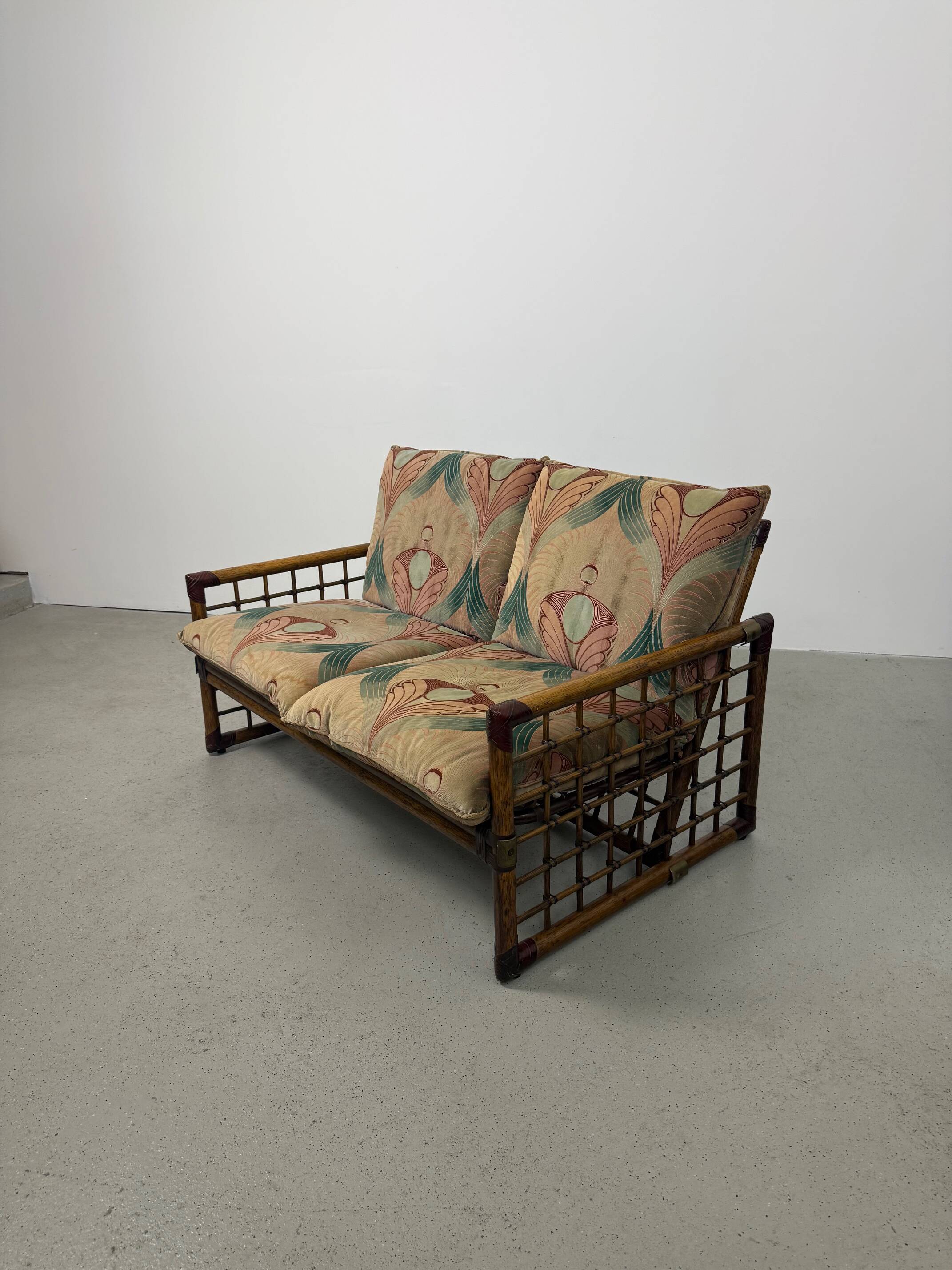 Canapé italien des années 1970 en bambou, rotin, laiton et tissu style Liberty
