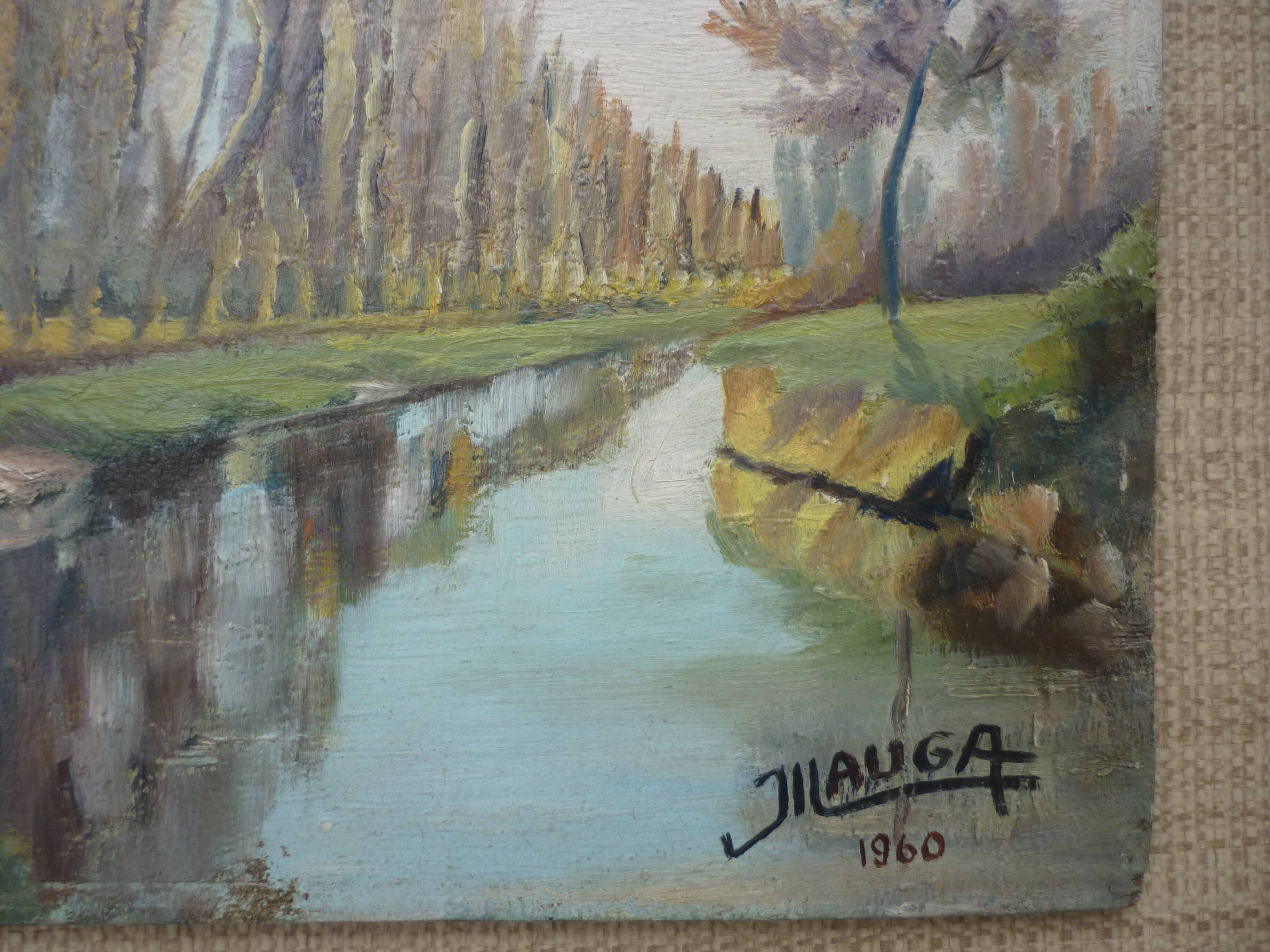 Oil painting on isorel signs J Lauga channel view