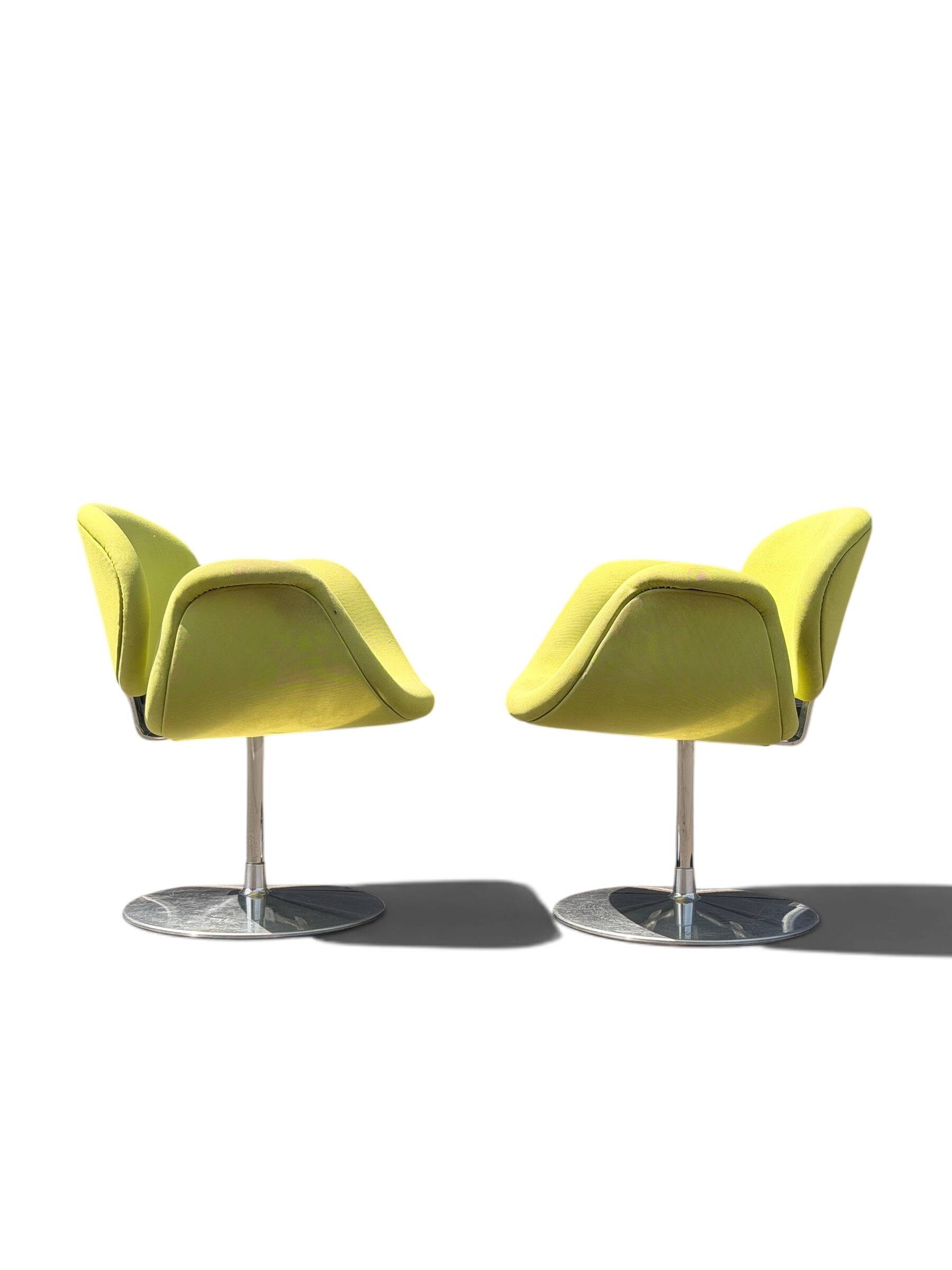 Pair of Little Tulip armchairs by Pierre Paulin for Artifort in green fabric.