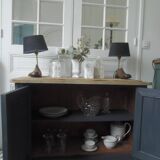 Small low Parisian sideboard re-enchanted in slate gray, medium oak waxed top.