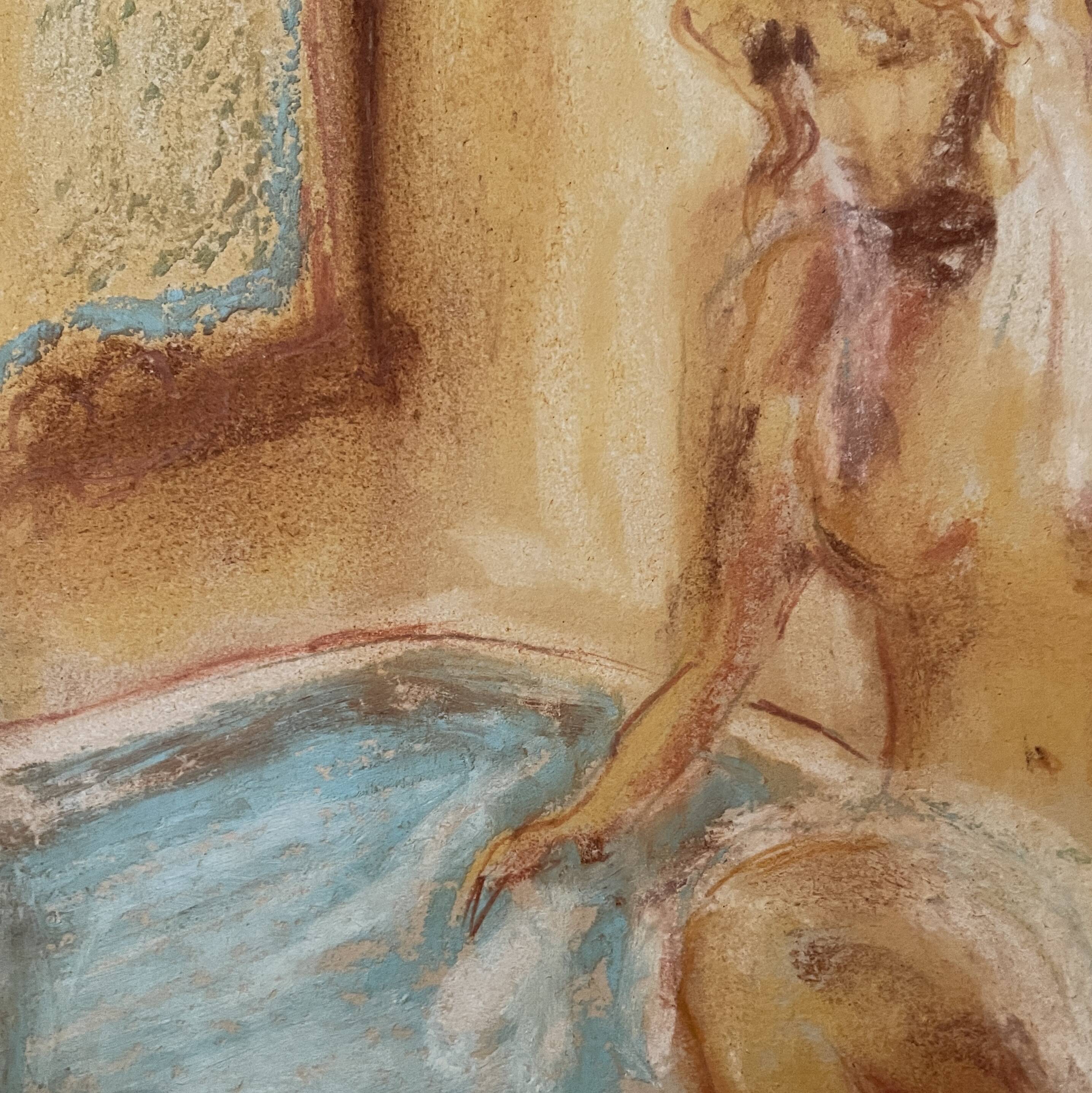 Signed pastel painting "The Bath" featuring a female portrait.