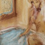 Tableau signé pastel  portrait féminin « le bain »