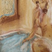 Tableau signé pastel  portrait féminin « le bain »